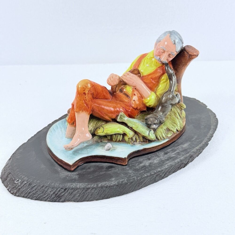 Vintage Lefton Old Man Sleeping Fishing Figurine Porcelain Japan Craft Statue